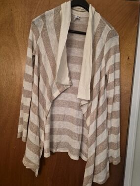 Women's Open-Front Striped Shawl Cardigan - Cream and Tan And Gold